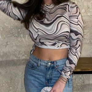 Brown swirl long sleeve crop top with adjustable sides